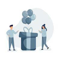 Man and woman Birthday party. Couple celebrating birthday, standing near big gift box with balloons. vector