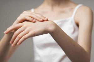 woman rheumatism arm pain health problems isolated background photo