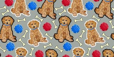 Vector seamless pattern with labradoodles, toys and bones.