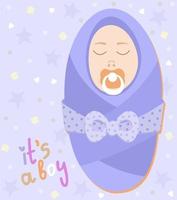 It's a boy. Newborn baby in blue blanket with pacifier. vector