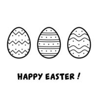 Happy Easter. Greeting card with three decorated eggs. Vector illustration in doodle line style.