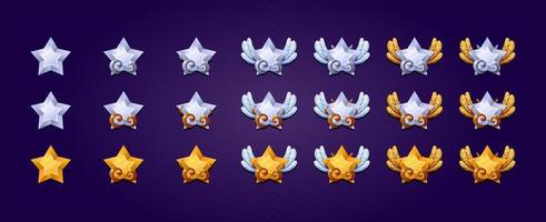 Metallic stars badges with wings collection. High quality illustrations. Perfect for games. vector