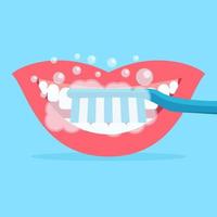 cepillado dientes ilustración vector departamento, cepillo de dientes, dientes, pasta dental, boca en azul fondo, plano diseño vector ilustración