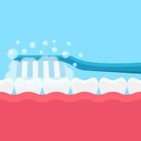 Brushing teeth illustration vector flat, toothbrush, teeth, toothpaste, mouth on blue background, flat design vector illustration