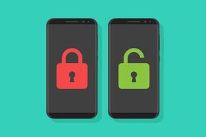 Security smartphone illustration flat, smartphone, padlock, lock, unlock on green background, flat design vector illustration