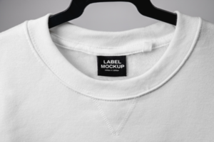 leeg zwart label op wit sweatshirt voor logo, maat en info. psd