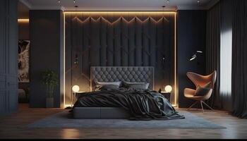 Modern stylis,h interior of the hotel room, a large sleeping bed in dark tones in daylight, . photo