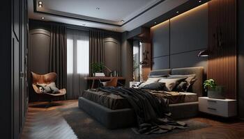Modern stylis,h interior of the hotel room, a large sleeping bed in dark tones in daylight, . photo