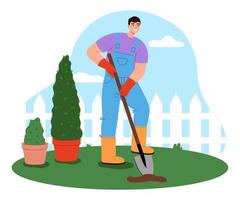 masculino jardinero trabajando en el patio trasero. personal de mantenimiento personaje excavación un agujero. jardín mantenimiento concepto. plano vector ilustración.