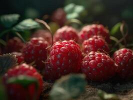 Beautiful organic background of freshly picked raspberries created with technology photo