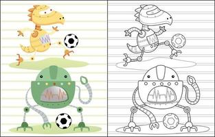 Funny robots cartoon playing soccer, coloring book or page vector