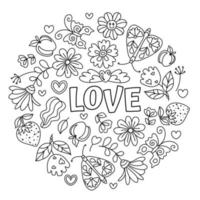 Love. Positive, groovy Mandala colouring. Hand drawn coloring page for kids and adults. Beautiful drawing with patterns and small details. Coloring book pictures. Botany, flowers, herbs, leaves vector