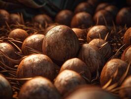 Beautiful organic background of freshly picked coconuts created with technology photo