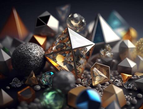 Abstract chaotic geometric background Glossy pyramids and spheres background created with technology photo