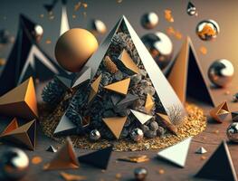 Abstract chaotic geometric background Glossy pyramids and spheres background created with technology photo