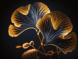 Ginkgo biloba golden leaves Dark background created with technology photo