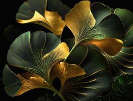 Ginkgo biloba golden leaves Dark background created with technology photo