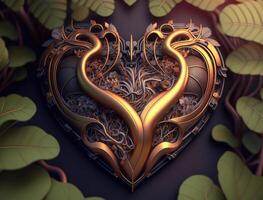 Green and gold metallic heart that represents environmental protection created with technology photo