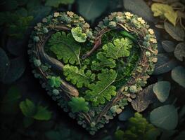verde corazón hecho por follaje ese representa ambiental proteccion creado con generativo ai tecnología foto