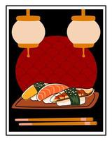 Japanese sushi set with authentic dark background and chopsticks. Eel, salmon and omelette nigiri rolls. vector