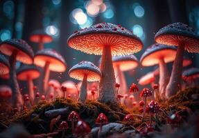 Fantasy mushroom landscape in the forest created with technology photo