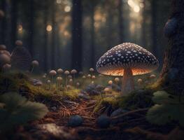 Fantasy mushroom landscape in the forest created with technology photo