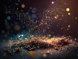 Dark blue and glow particle abstract background Blurry bokeh background with sparkles, particles and glitter created with technology photo