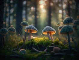 Fantasy mushroom landscape in the forest created with technology photo