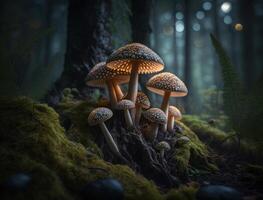 Fantasy mushroom landscape in the forest created with technology photo