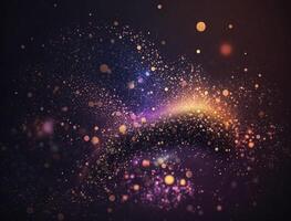 Dark blue and glow particle abstract background Blurry bokeh background with sparkles, particles and glitter created with technology photo