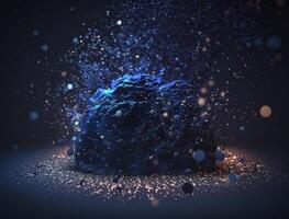 Dark blue and glow particle abstract background Blurry bokeh background with sparkles, particles and glitter created with technology photo