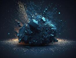 Dark blue and glow particle abstract background Blurry bokeh background with sparkles, particles and glitter created with technology photo