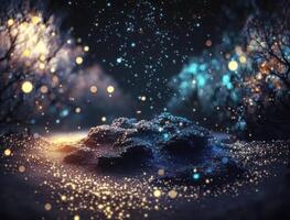Dark blue and glow particle abstract background Blurry bokeh background with sparkles, particles and glitter created with technology photo