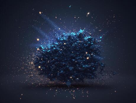 Dark blue and glow particle abstract background Blurry bokeh background with sparkles, particles and glitter created with technology photo