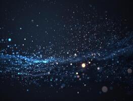 Dark blue and glow particle abstract background Blurry bokeh background with sparkles, particles and glitter created with technology photo