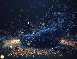 Dark blue and glow particle abstract background Blurry bokeh background with sparkles, particles and glitter created with technology photo
