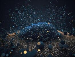 Dark blue and glow particle abstract background Blurry bokeh background with sparkles, particles and glitter created with technology photo