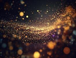 Dark blue and glow particle abstract background Blurry bokeh background with sparkles, particles and glitter created with technology photo