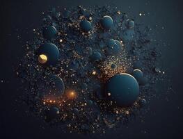 Dark blue and glow particle abstract background Blurry bokeh background with sparkles, particles and glitter created with technology photo