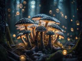 Fantasy mushroom landscape in the forest created with technology photo