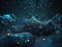 Dark blue and glow particle abstract background Blurry bokeh background with sparkles, particles and glitter created with technology photo