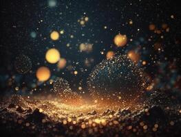 Dark blue and glow particle abstract background Blurry bokeh background with sparkles, particles and glitter created with technology photo