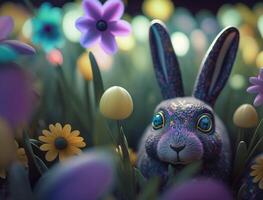 Happy Easter background concept Bunny with easter eggs on meadow with flowers created with technology photo