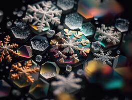 Colorful translucent snowflake on dark background created with technology photo