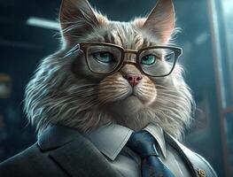 Cartoon cat dressed in a business suit and wearing glasses technology photo