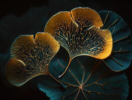 Ginkgo biloba golden leaves Dark background created with technology photo