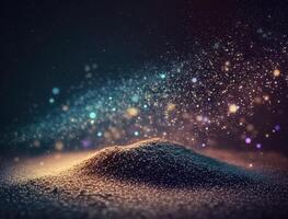 Dark blue and glow particle abstract background Blurry bokeh background with sparkles, particles and glitter created with technology photo