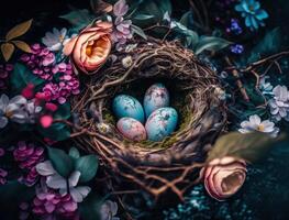 Happy Easter background concept with easter eggs in nest and spring flowers created with technology photo