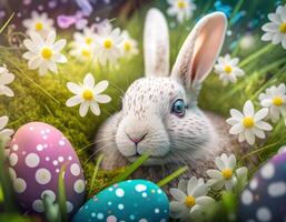 Happy Easter background concept Bunny with easter eggs on meadow with flowers created with technology photo