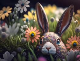 Happy Easter background concept Bunny with easter eggs on meadow with flowers created with technology photo